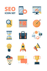 Social media icon. Promotion web advertizing startup media email marketing business and seo symbols vector flat pictures. Illustration of optimization and management analysis, idea and solution
