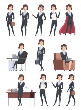 Female business characters. Company office workers action pose making different works with self business items vector cartoon pictures. Illustration of business office boss, leadership pose