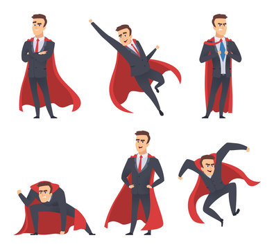 Businessman superheroes. Office managers directors workers red cloak standing flying action poses superheroes vector characters. Illustration of businessman superhero, super man in costume