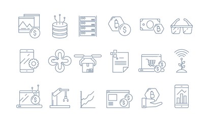 High tech technology icon. Modern business software headset advanced engineering augmented reality vector thin outline symbols. Illustration of digital innovation technology