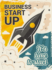 Vintage startup poster. Business launch concept with rocket or space shuttle start vector placard in retro style. Illustration of rocket launch startup, banner with shuttle