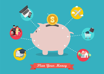 Piggy bank saving money portion for life