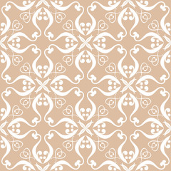 White floral ornament on beige background. Seamless pattern