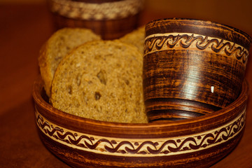 still life ceramic patterned dishes and bread