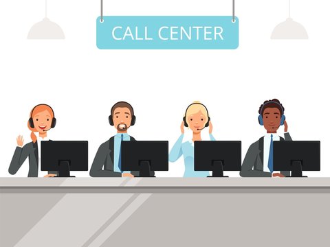 Call center characters. Business customer service agents operator in headset sitting front laptop computers vector characters. Illustration of support center call, service help operators man and woman