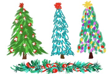 hand drawn Christmas tree isolated clip art designs in various styles