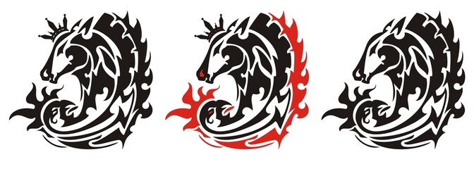 Tribal horse head and phoenix symbol with a crown. The double abstract symbol formed by the head of a horse with a crown and a bird Phoenix. Three options for a tattoo, etc.
