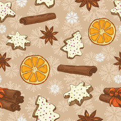 Fototapeta na wymiar Seamless Christmas pattern with cinnamon, oranges and cookies