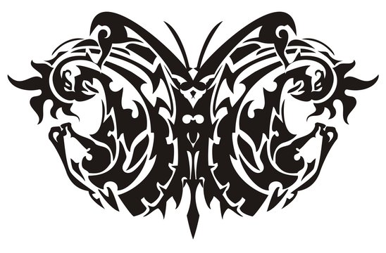 Butterfly created by the horse head and phoenix. Abstract ethnic dangerous butterfly formed by the head of a horse and a bird Phoenix for a tattoo, etc. Black on white