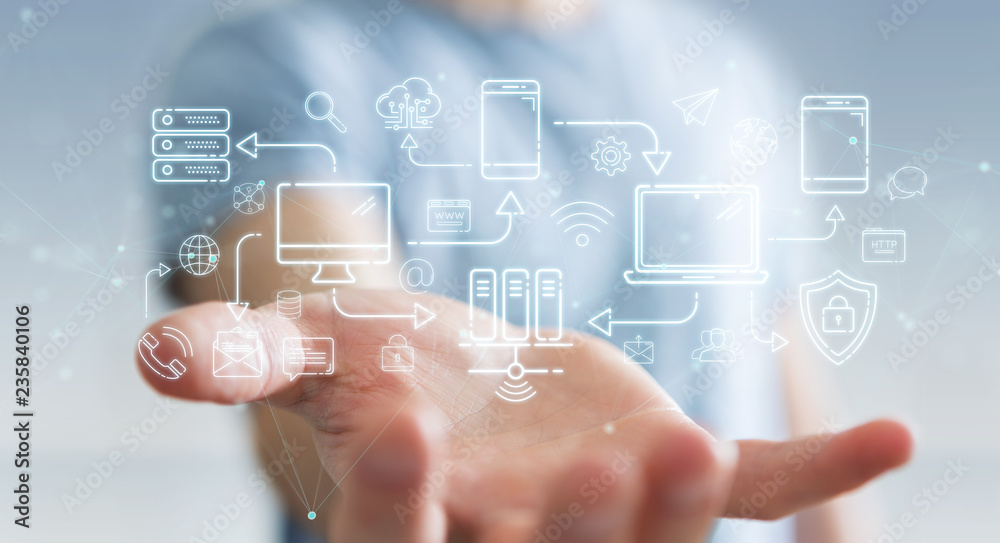 Aufkleber Businessman using tech devices and icons thin line interface