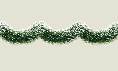 Vector wide fir tree christmas garland in snow. Seamless xmas border. Holiday background design for website header decoration, print design. Evergreen tree outdoor winter design element.