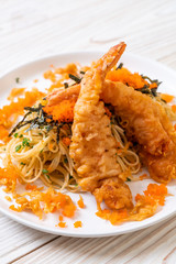 spaghetti with tempura shrimps and shrimp egg