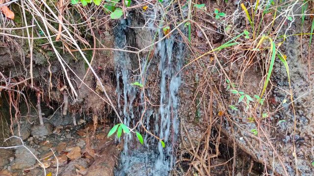 Small waterfall in a mountain forest in Autumn. 
Lake Serre Pon&radic;&szlig;on, south east France (05 region).
