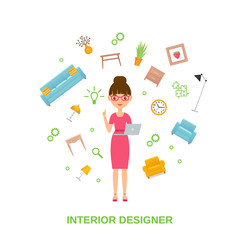 Female interior designer with furniture floating around. Vector. Interior decoration concept. Women character designer holding laptop. Cartoon flat illustration. Standing girl in drees on white.