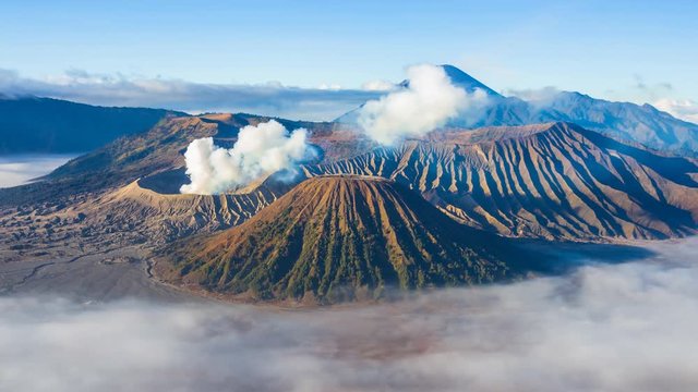 Beautiful Volcano and Misty floating Around Hillside , Landmarks Nature Travel Place Of Indonesia 4K Time Lapse