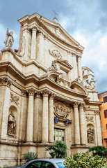 Rome, Italy, Church of San Marcello al Corso. One of the oldest churches in Rome. The facade of the Church is decorated with numerous statues.
