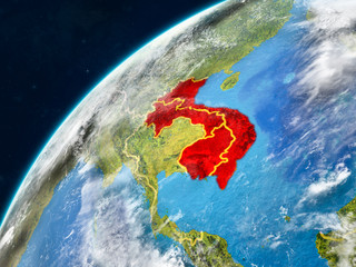 Indochina on realistic model of planet Earth with country borders and very detailed planet surface and clouds.