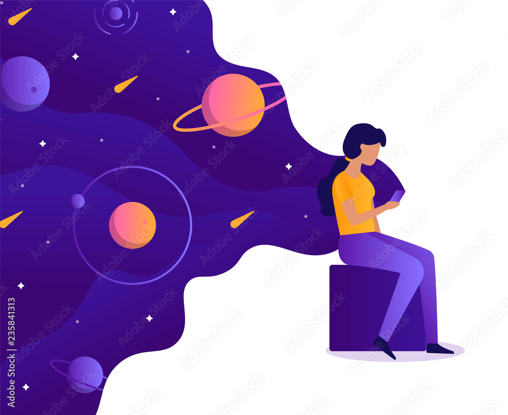 Wall mural the girl is holding a smartphone from which the space is flowing. web development business concept. 