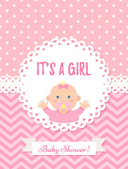 Baby girl card. Vector Baby Shower girl design. Cute pink banner. Birth party background. Happy greeting poster Welcome template invite with newborn kid, stork, polka dot, zig zag Cartoon illustration