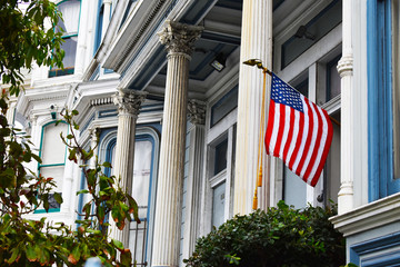Vintage home with American flag