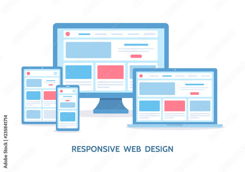 Fototapete Responsive web design. The website is open on computer, laptop, tablet and smartphone. Flat vector illustration.