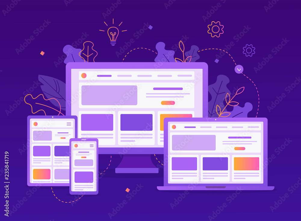 Fototapete Responsive web design. Development of web design for different devices: computer, laptop, tablet and smartphone. Flat vector illustration.