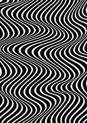 Abstract vertical wavy geometric pattern. Vector texture with black and white waves, stripes. Dynamical 3D effect, illusion of movement. Modern monochrome background.