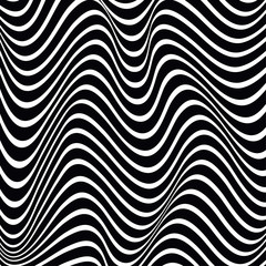 Abstract wavy geometric pattern. Vector texture with black and white waves, stripes. Dynamical 3D effect, illusion of movement. Modern monochrome background.