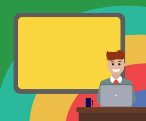 Design business Empty template isolated Minimalist graphic layout template for advertising . Blank Bordered Board behind Man Sitting Smiling with Laptop Mug on Desk