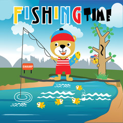 bear fishing on the swamp cartoon vector