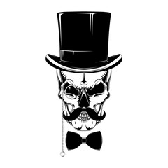 Skull in a hat-cylinder with a mustache, pince-nez, bow tie. - obrazy, fototapety, plakaty