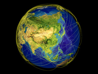 East Asia from space on Earth with country borders and lines representing international communication, travel, connections.
