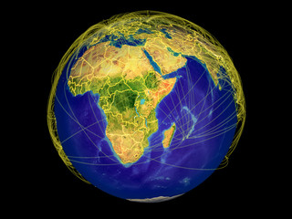 East Africa from space on Earth with country borders and lines representing international communication, travel, connections.