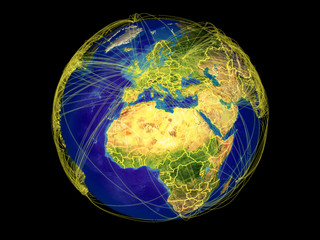 North Africa from space on Earth with country borders and lines representing international communication, travel, connections.