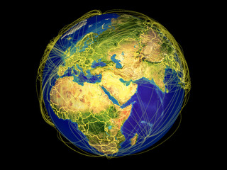 Middle East from space on Earth with country borders and lines representing international communication, travel, connections.