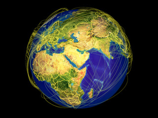 Arabia from space on Earth with country borders and lines representing international communication, travel, connections.