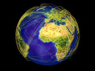 Western Africa from space on Earth with country borders and lines representing international communication, travel, connections.