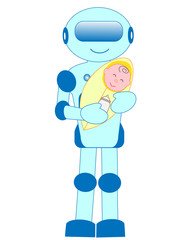 人工知能を持ったロボットが赤ちゃんの子守をしている。