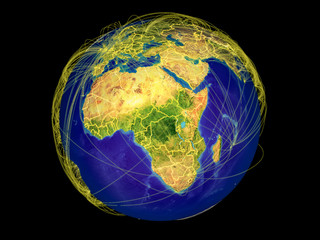 Central Africa from space on Earth with country borders and lines representing international communication, travel, connections.