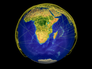 Southern Africa from space on Earth with country borders and lines representing international communication, travel, connections.
