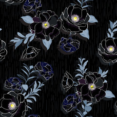 Vector seamless beautiful artistic Blooming flowers pattern with botanic garden with texture. Line original stylish floral background print,