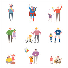 dad and a little child are spending time together. parenting character set. flat design style vector graphic illustration.