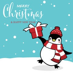 A cute penguin wearing red scarf holding a gift box on snowy ground on blue snowy sky. Vector illustration for winter holiday season. © NiiNew