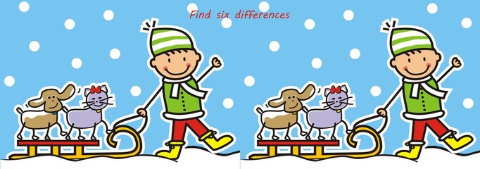 Board game for chidren, find six differences, boy and sled with cat and dog, vector illustration	