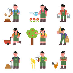 short and cute farmer character set. flat design style vector graphic illustration.