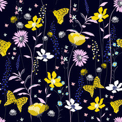 Beautiful dark night  Seamless Pattern colorful wind blow flowers,  Isolated on navy blue color. Botanical Floral Decoration Texture.