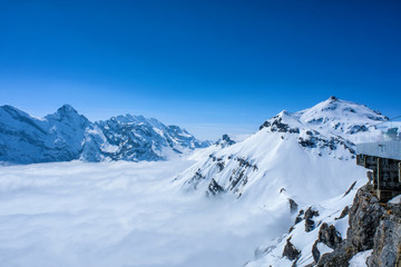 Fototapeta na wymiar Stunning view of snow moutain the Swiss Skyline from Schilthorn, Switzerland