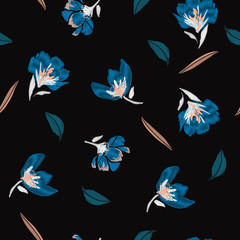 A dark night floral Embroidery flowers, spring seamless pattern. Classical blooming embroidery leaves, spring florals, seamless pattern. Fashionable