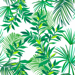 Naklejka na ściany i meble Greenery Tropical seamless pattern with exotic palm leaves forest . Vector illustration