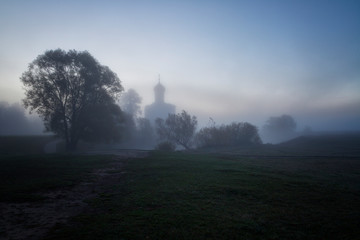 Church of Intercession upon Nerl River. (Bogolubovo, Vladimir region, Golden Ring of Russia) in autumn fog night
